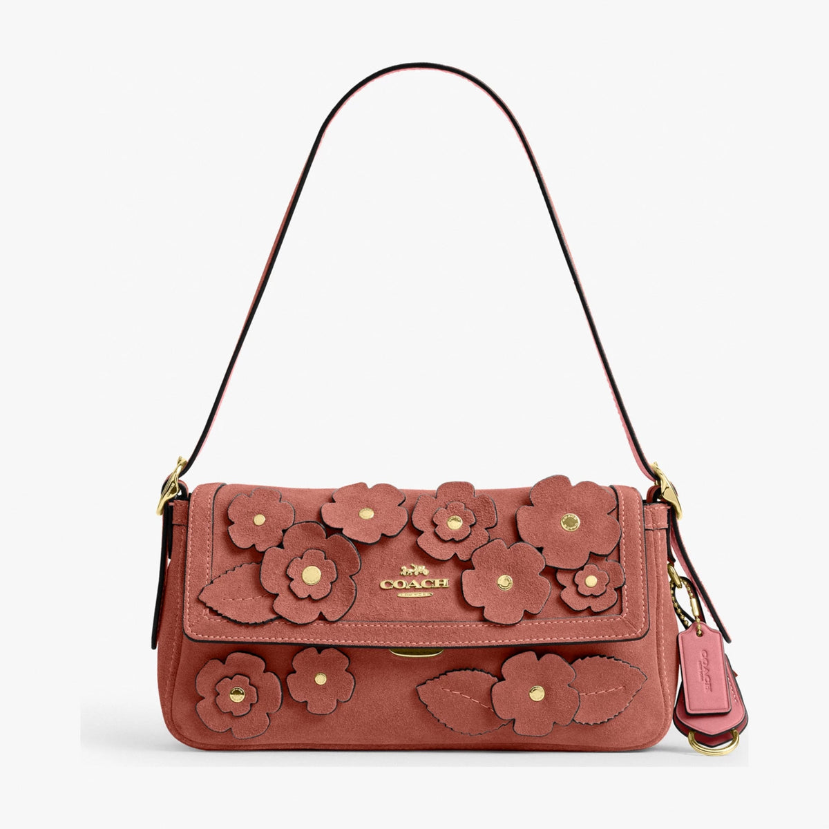 Coach Etta Small Flap Shoulder Bag With Floral Appliqué - Gold/Blush Pink