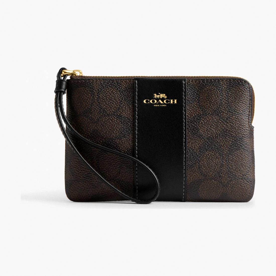 Coach Corner Zip Wristlet In Signature Canvas With Stripe - Gold/Walnut/Black