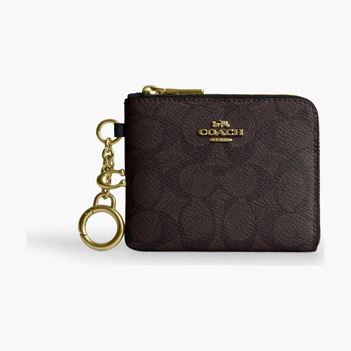 Coach Small Corner Zip Wallet In Signature Canvas - Gold/Walnut/Black