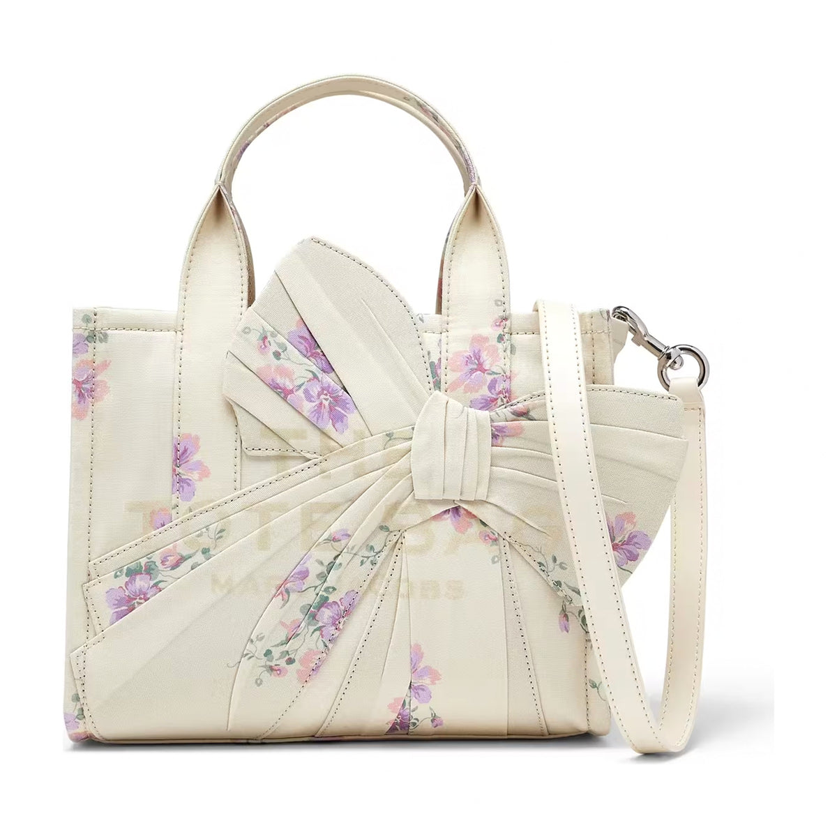 Marc Jacobs Small Tote In Antique Floral Canvas With Oversized Bow - CREAM MULTI
