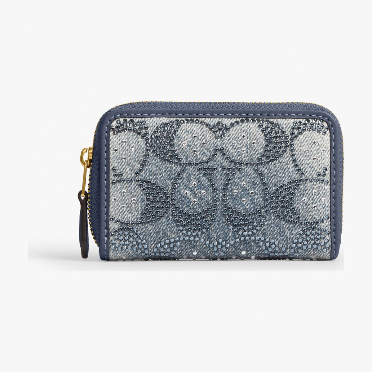 Coach Essential Small Zip Around Card Case In Regenerative Cotton Denim With Crystal Signature - Brass/Denim