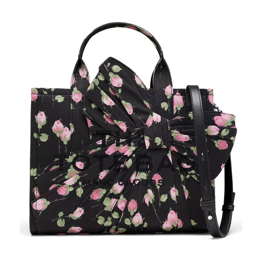 Marc Jacobs Medium Tote Bag In Vintage Floral Canvas With Oversized Bow - BLACK MULTI