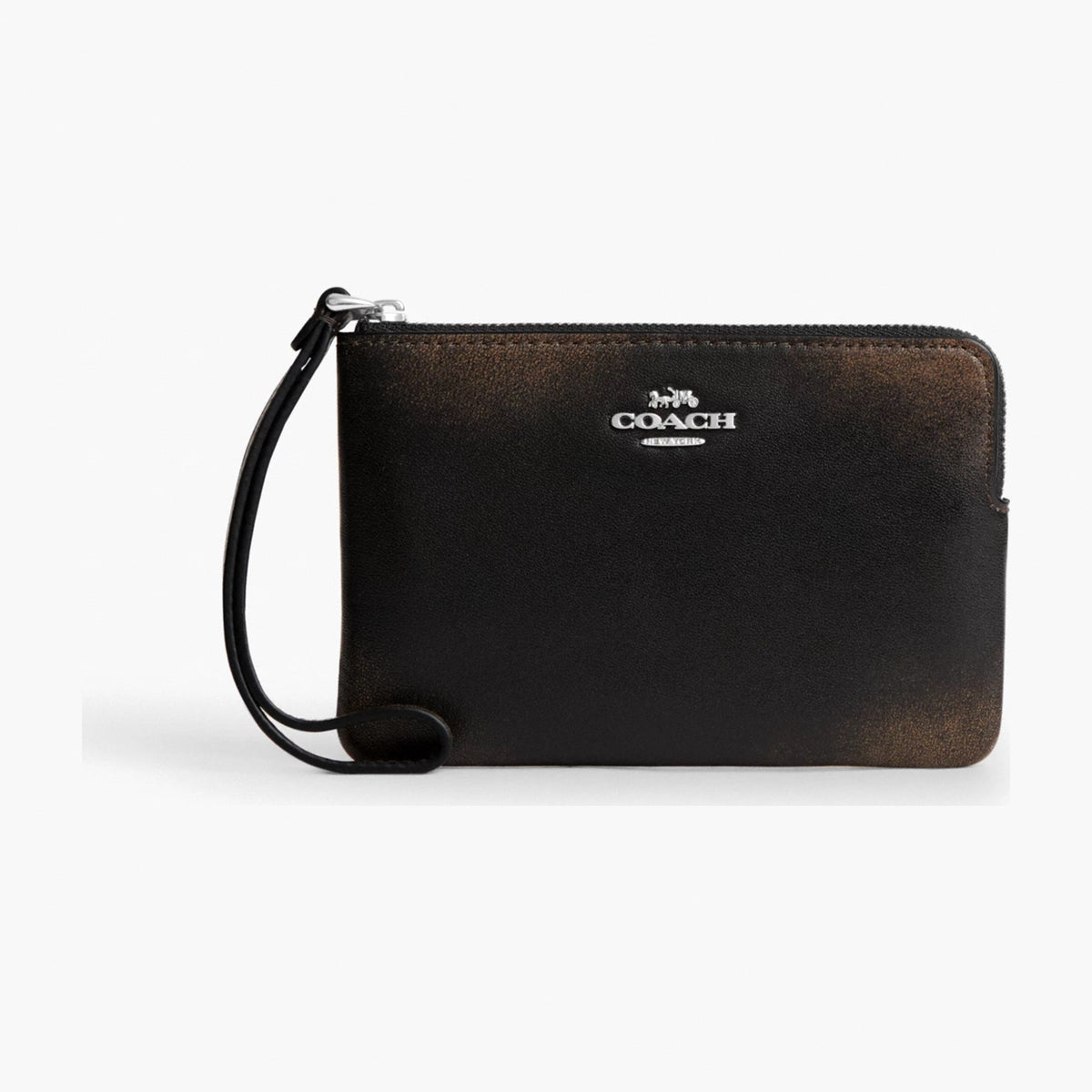 Coach Corner Zip Wristlet In Loved Leather - Silver/Black Brown