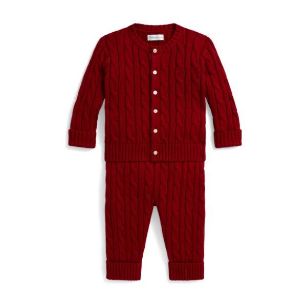 Baby Cable-Knit Cotton Cardigan & Pant - Eaton Red