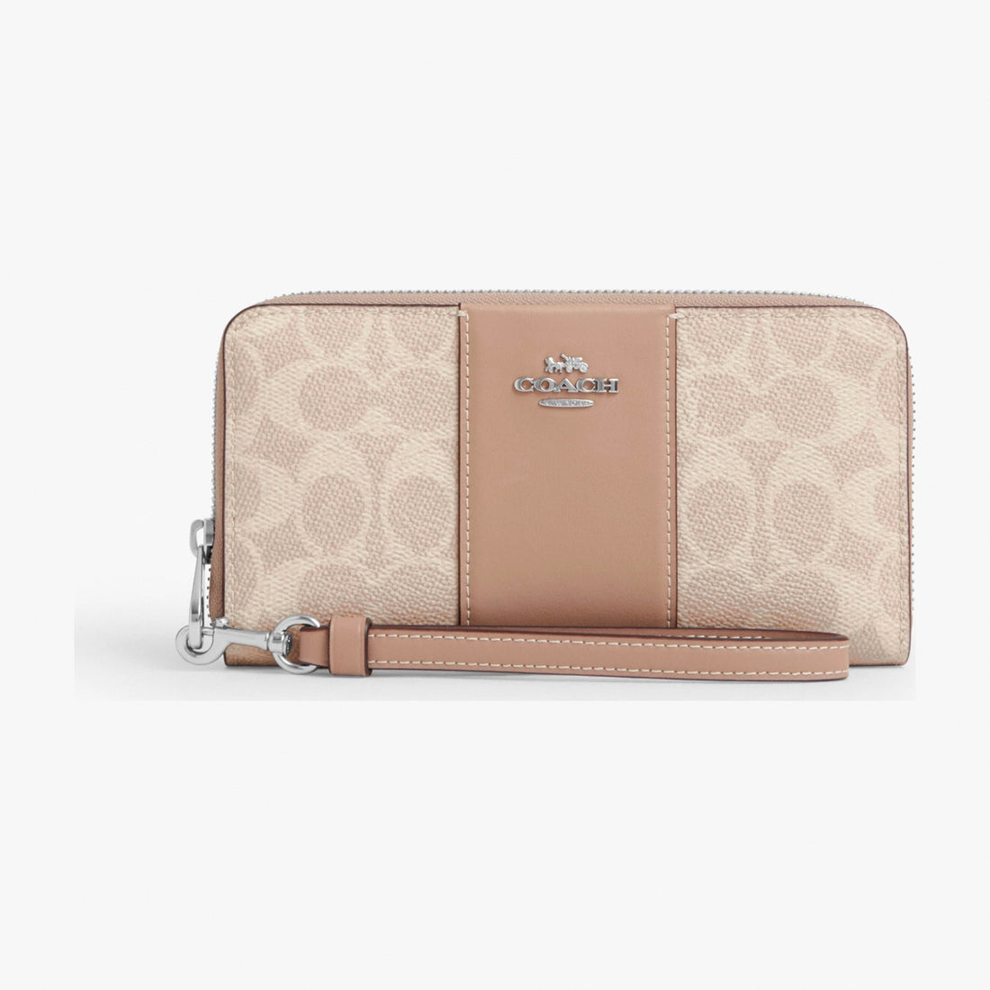 Coach Long Zip Around Wallet In Signature Canvas With Stripe - Silver/Sand/Taupe