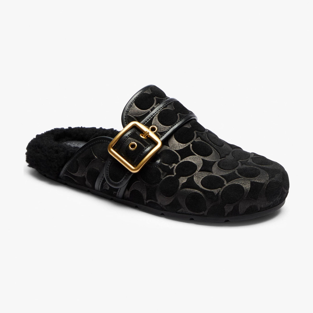 Coach Archival Buckle Clog With Signature Suede And Shearling - Black