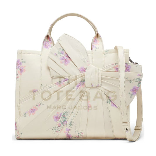 Marc Jacobs Medium Tote Bag In Antique Floral Canvas With Oversized Bow - CREAM MULTI