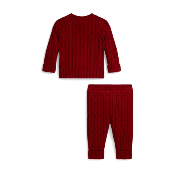 Baby Cable-Knit Cotton Cardigan & Pant - Eaton Red