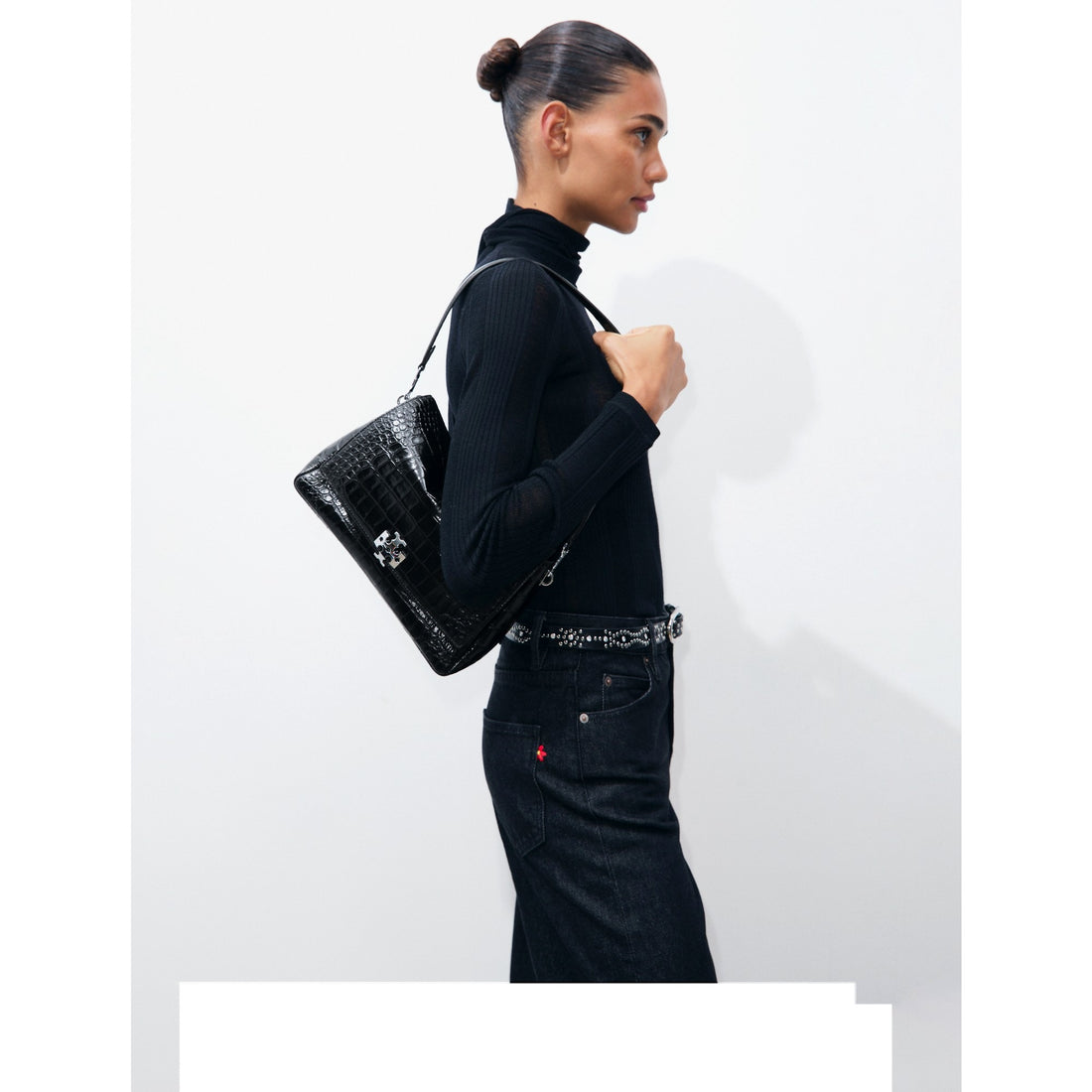Tory Burch Charlie Croc-Embossed Shoulder Bag - Black