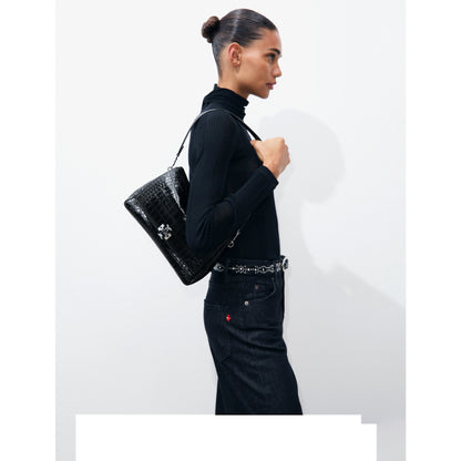Tory Burch Charlie Croc-Embossed Shoulder Bag - Black