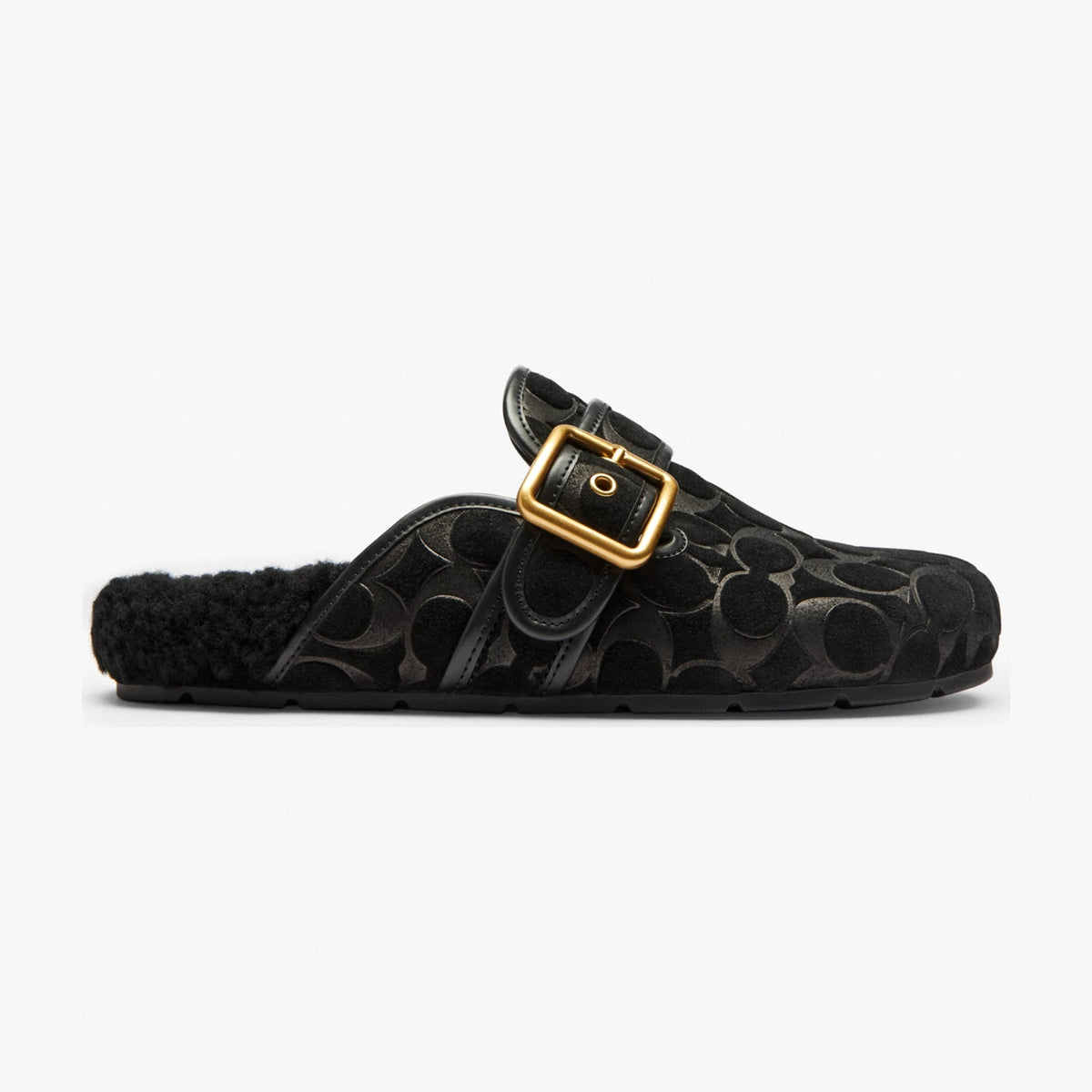 Coach Archival Buckle Clog With Signature Suede And Shearling - Black