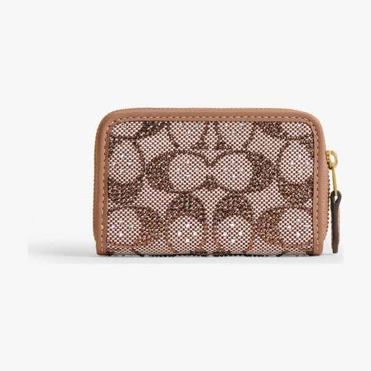 Coach Essential Small Zip Around Card Case In Crystal Signature Jacquard - Brass/Mushroom
