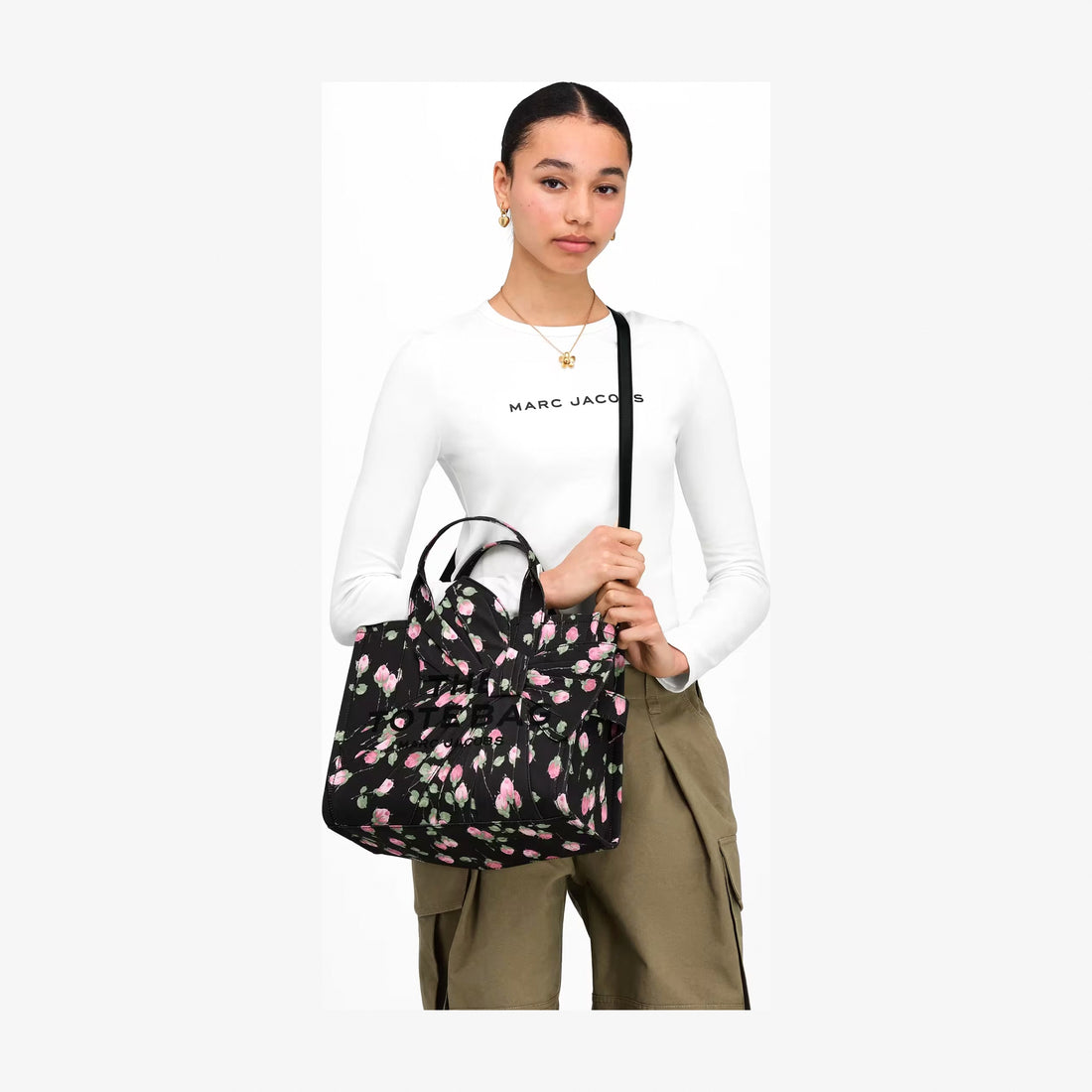 Marc Jacobs Medium Tote Bag In Vintage Floral Canvas With Oversized Bow - BLACK MULTI