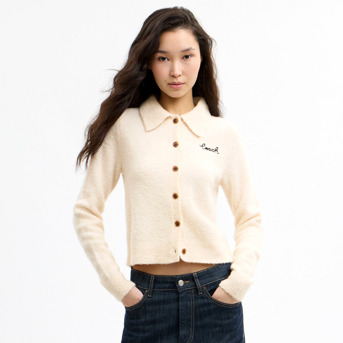 Coach Embroidered Cropped Cardigan - Ecru