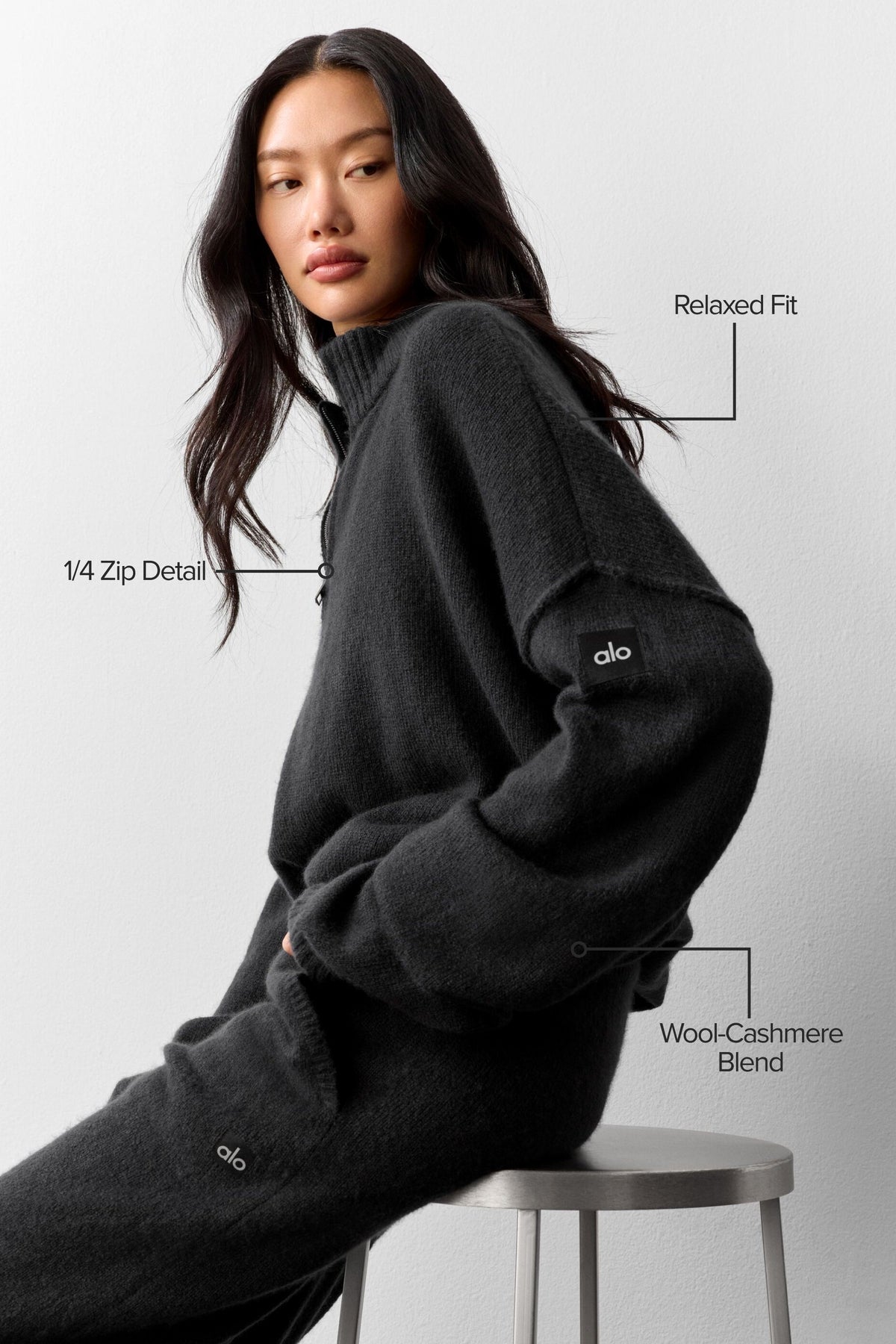 Alo Yoga Wool Cashmere New Class 1/4 Zip Pullover - Black
