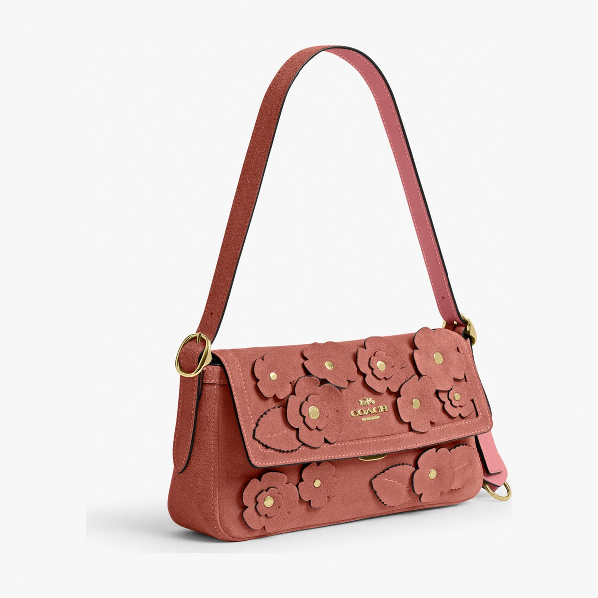 Coach Etta Small Flap Shoulder Bag With Floral Appliqué - Gold/Blush Pink