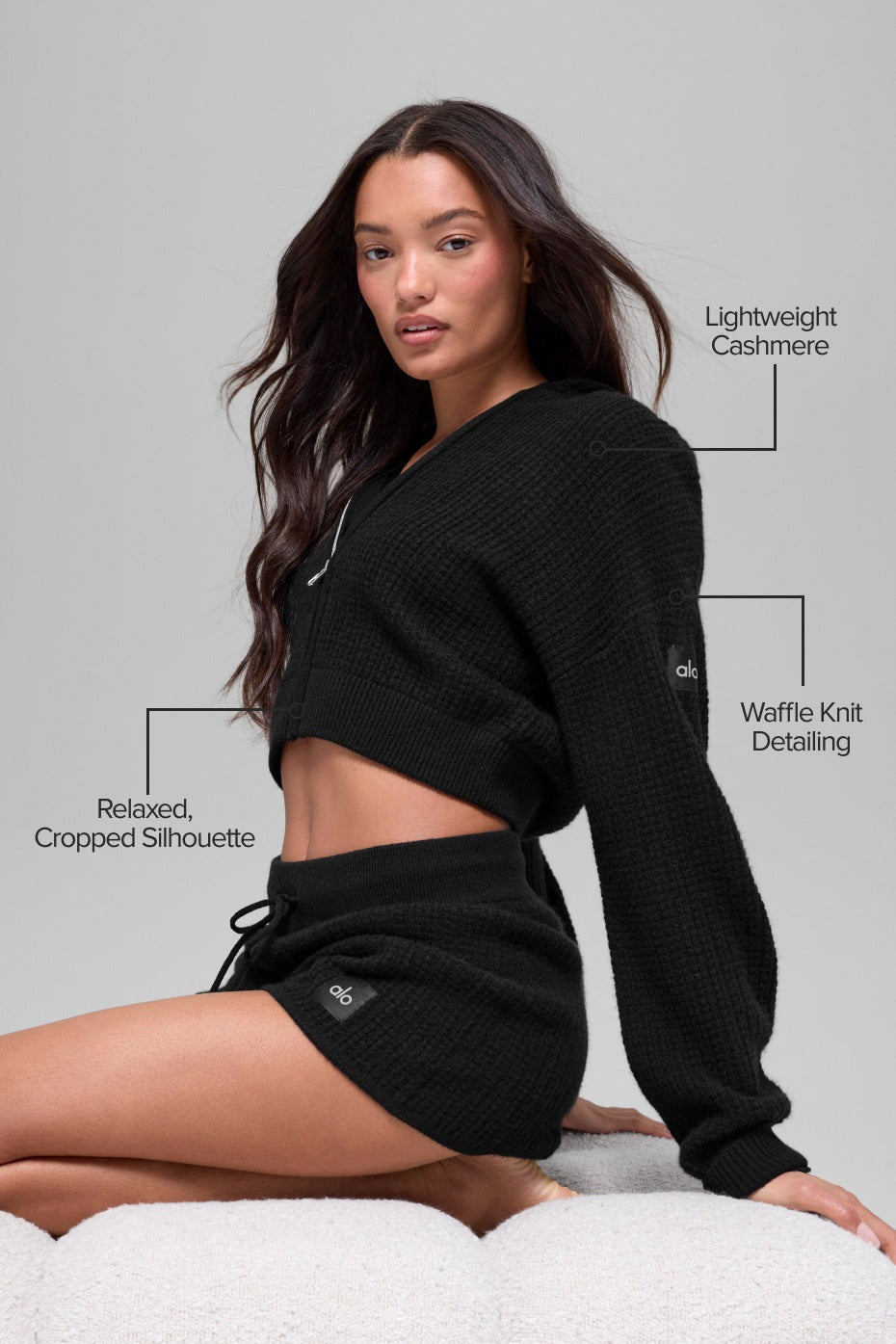 Alo Yoga Cashmere Plush Waffle Full Zip Hoodie - Black