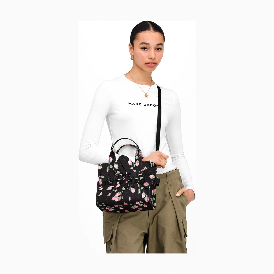 Marc Jacobs Small Tote Bag In Vintage Floral Canvas With Oversized Bow - BLACK MULTI