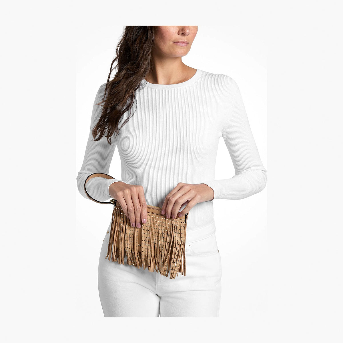 Michael Kors Studded Fringed Microsuede Wristlet - CAMEL