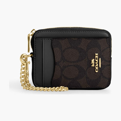 Coach Zip Card Case In Signature Canvas - Gold/Walnut/Black