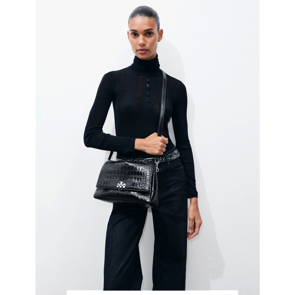 Tory Burch Charlie Croc-Embossed Shoulder Bag - Black