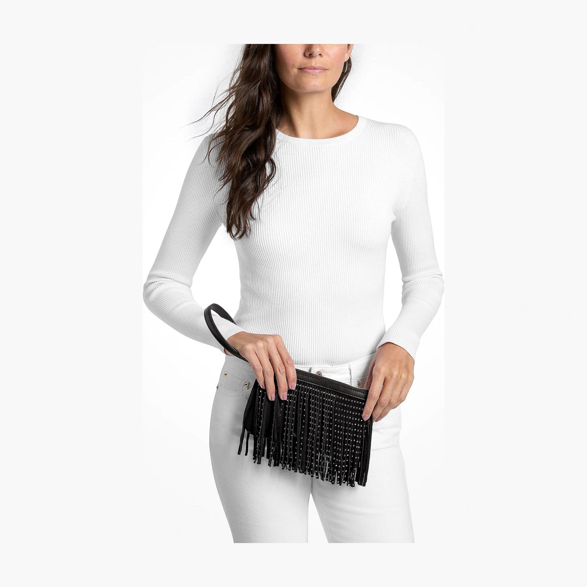 Michael Kors Jet Set Travel Small Studded Fringed Microsuede Wristlet - BLACK
