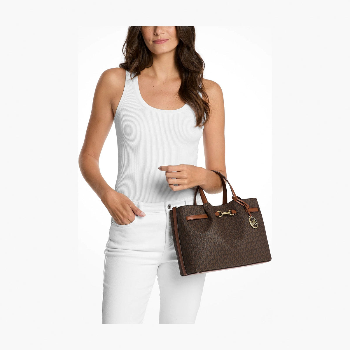 Michael Kors Carson Medium Signature Logo Satchel - BROWN