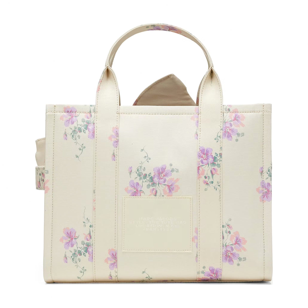 Marc Jacobs Medium Tote Bag In Antique Floral Canvas With Oversized Bow - CREAM MULTI