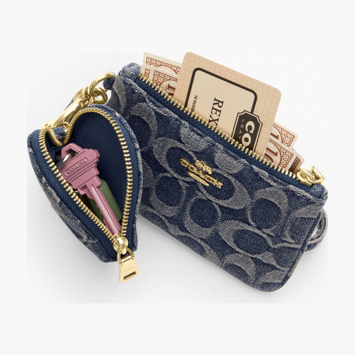 Coach Wristlet And Heart Pouch In Signature Regenerative Cotton Denim - Gold/Denim