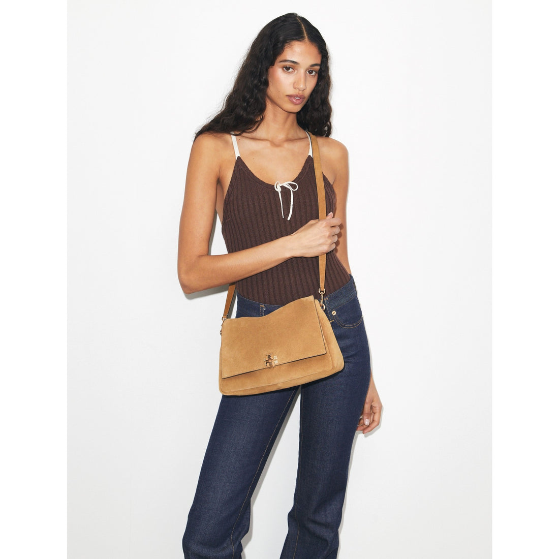 Tory Burch Charlie Suede Shoulder Bag - Toffee