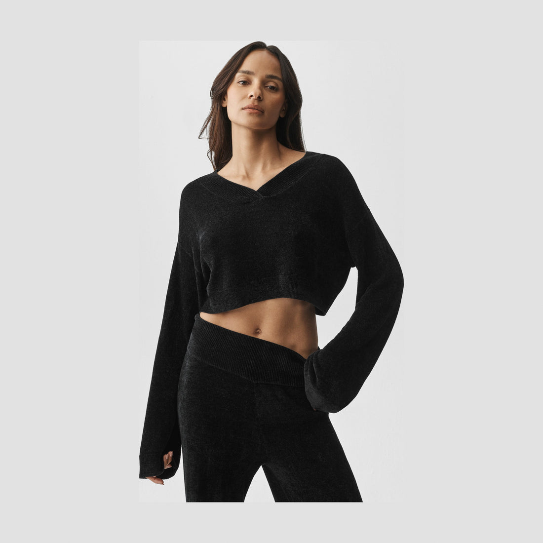 Alo Yoga Micro Chenille Cropped V-Neck Coverup - Black