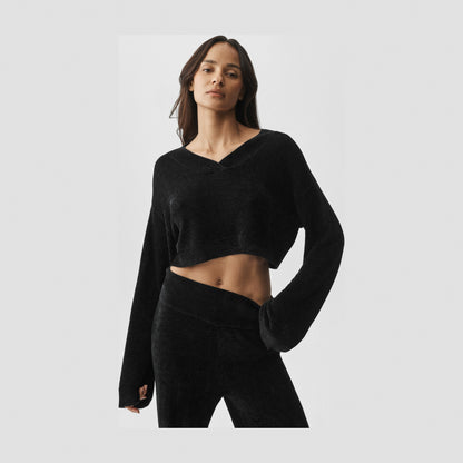 Alo Yoga Micro Chenille Cropped V-Neck Coverup - Black