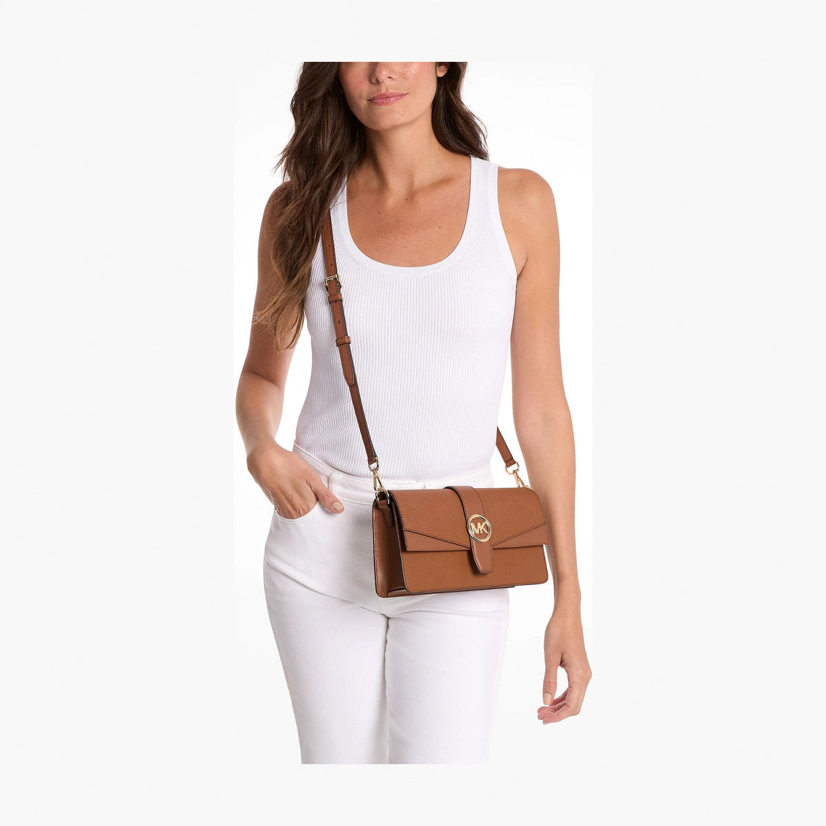 Michael Kors Greenwich Medium Saffiano Leather Shoulder Bag - LUGGAGE