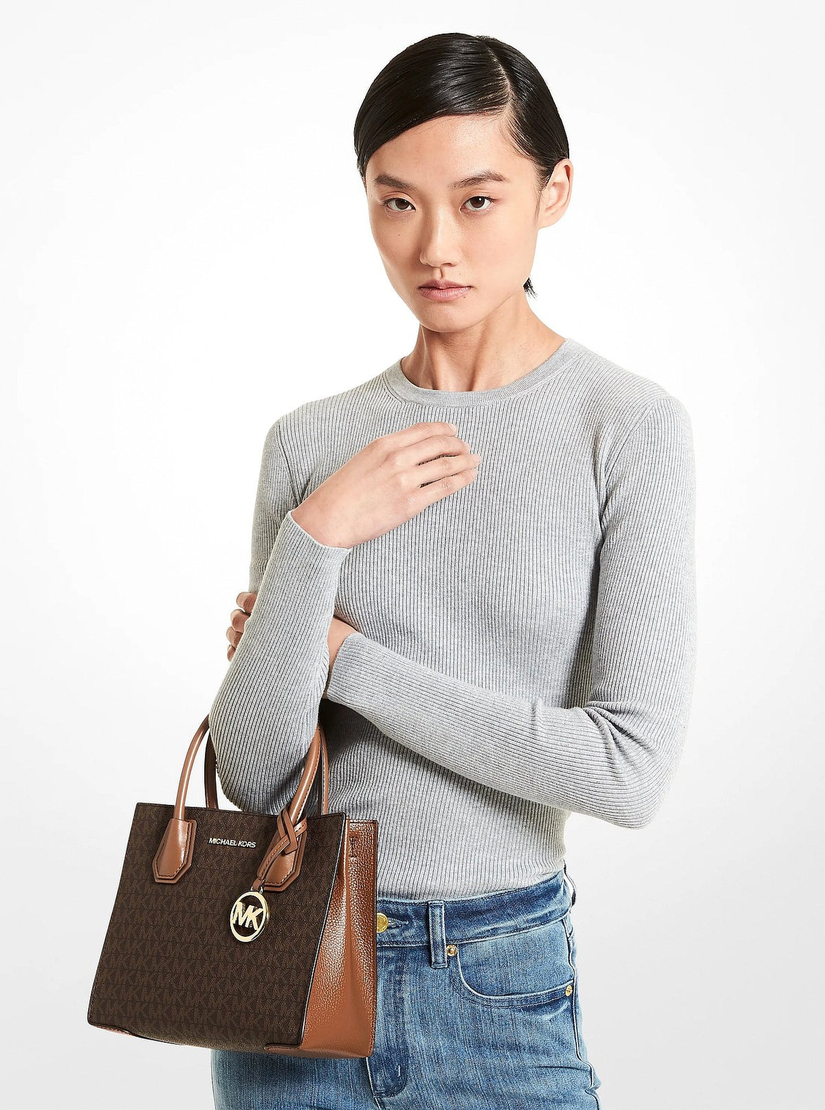 Michael Kors Mercer Medium Logo and Leather Accordion Crossbody Bag - BROWN
