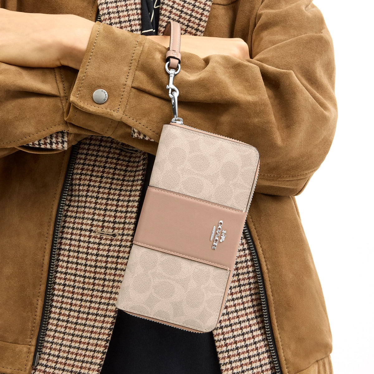 Coach Long Zip Around Wallet In Signature Canvas With Stripe - Silver/Sand/Taupe