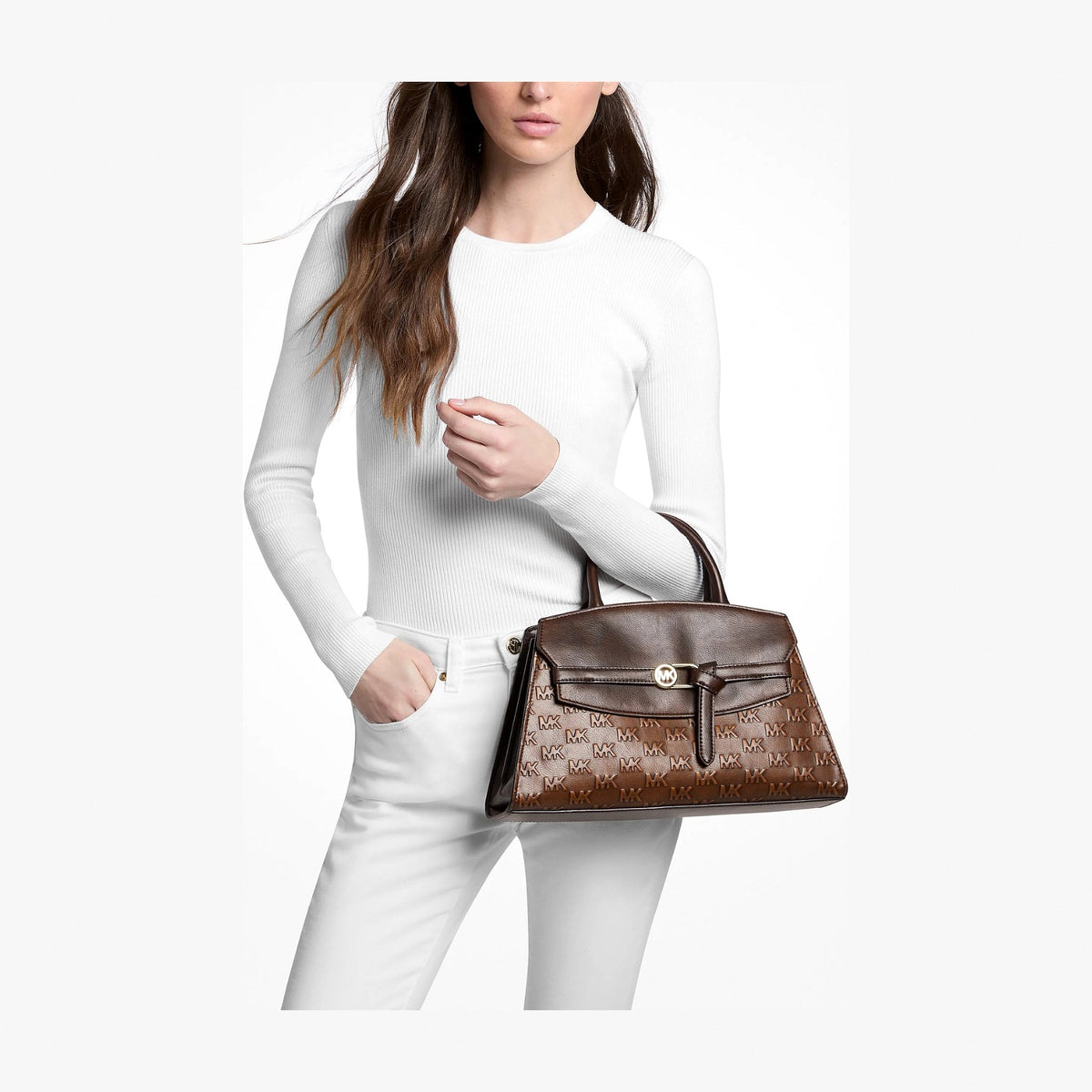 Michael Kors Greta Medium Logo Embossed Satchel - CHOCOLATE