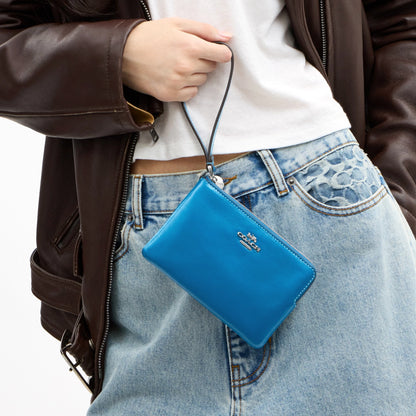 Coach Corner Zip Wristlet - Silver/Blue Jay