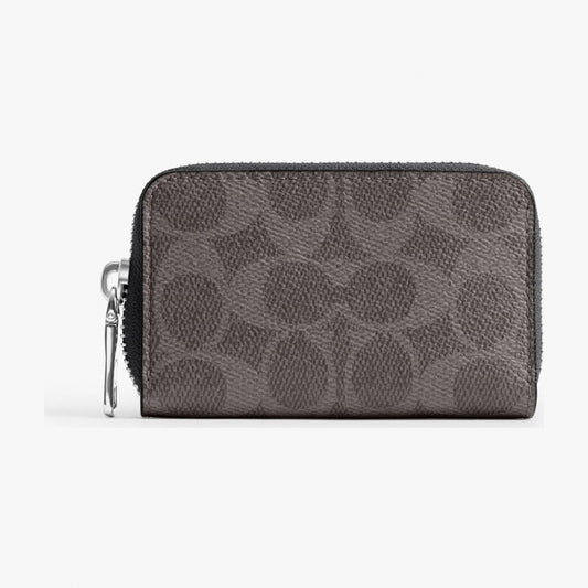 Coach Small Zip Around Card Case In Signature Canvas - Grey Signature