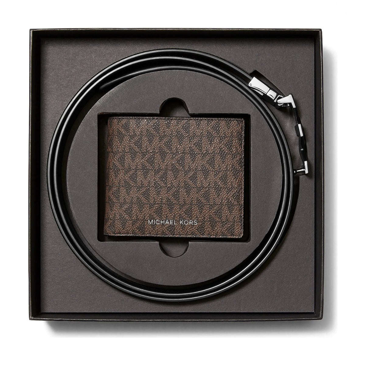 Michael Kors Signature Logo Wallet and Reversible Belt Gift Set - BROWN/BLACK