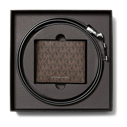 Michael Kors Signature Logo Wallet and Reversible Belt Gift Set - BROWN/BLACK