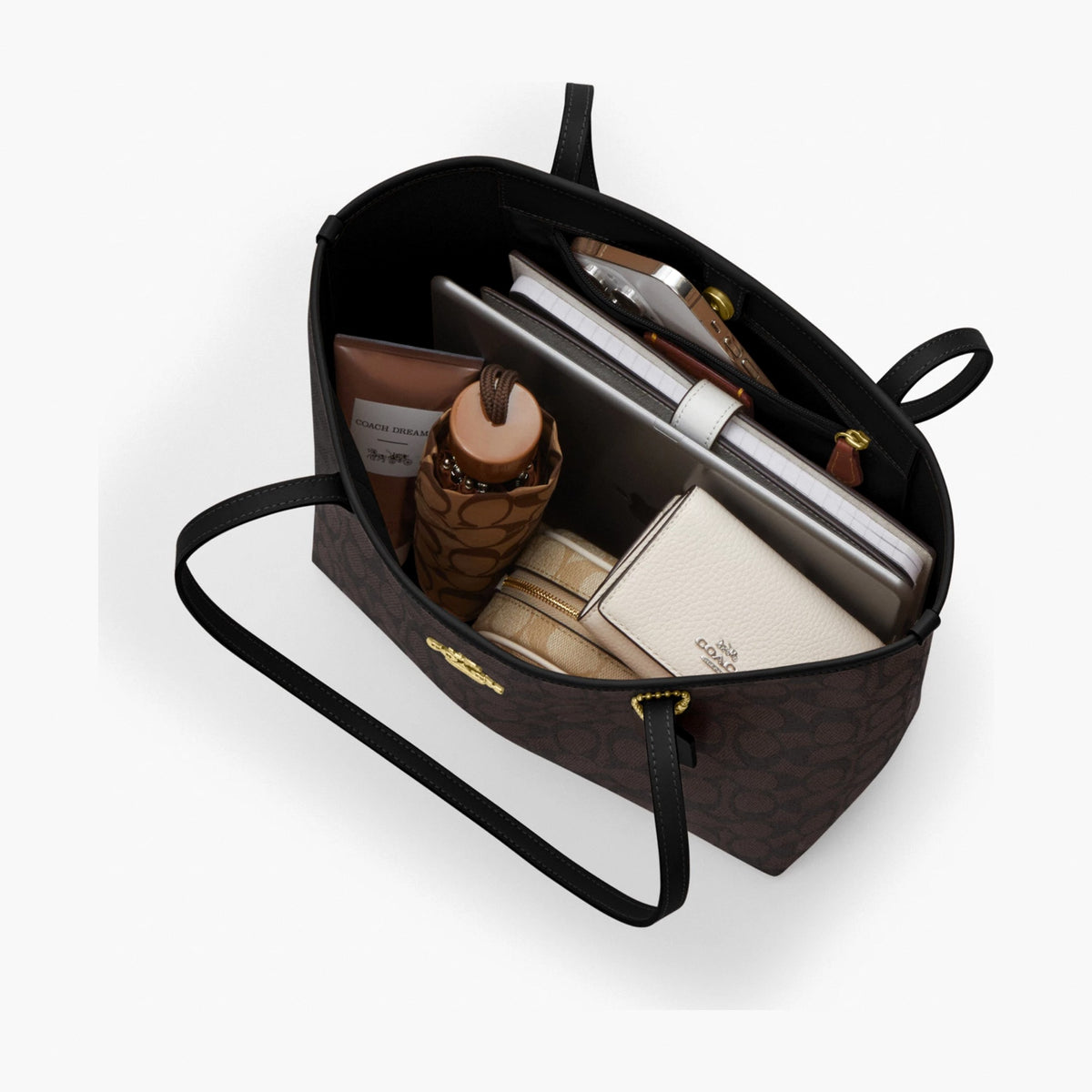 Coach Medium City Tote Bag In Signature Canvas - Gold/Walnut/Black