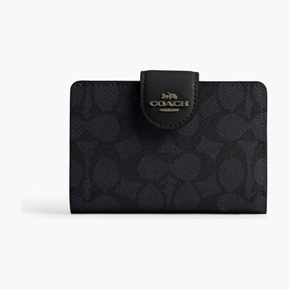 Coach Medium Corner Zip Wallet In Signature Canvas - Gunmetal/Charcoal/Black