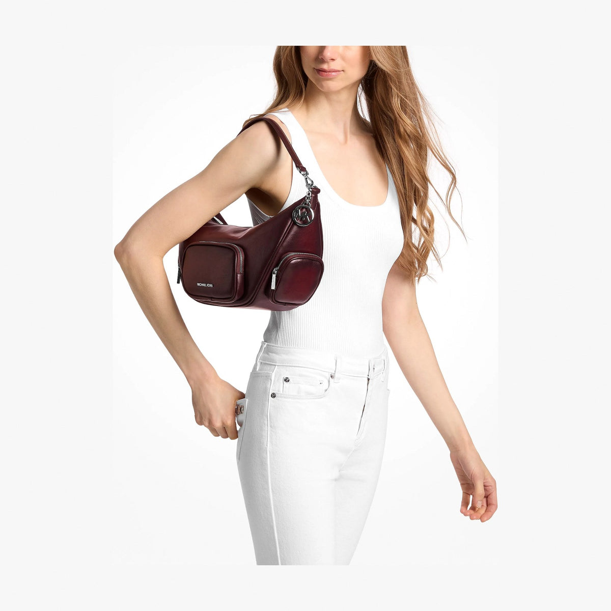 Michael Kors Merritt Medium Burnished Convertible Shoulder Bag - MAROON