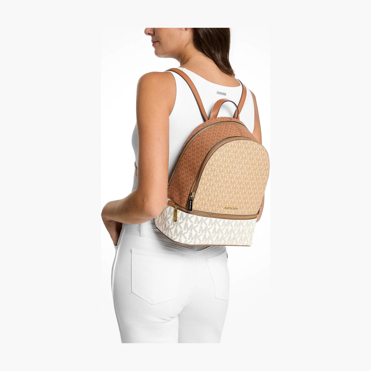 Michael Kors Rhea Medium Color-Block Signature Logo Backpack - CAMEL MLT