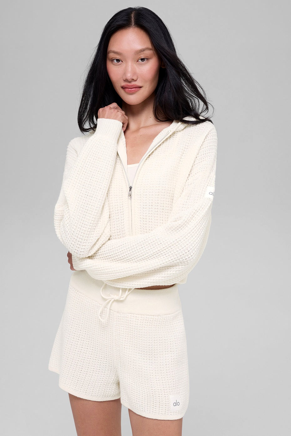 Alo Yoga Cashmere Plush Waffle Full Zip Hoodie - Ivory