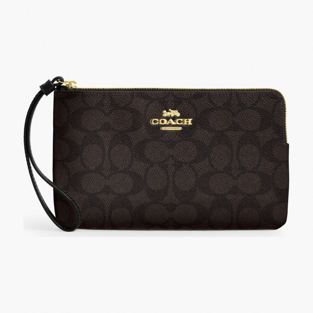Coach Large Corner Zip Wristlet In Signature Canvas - Gold/Walnut/Black