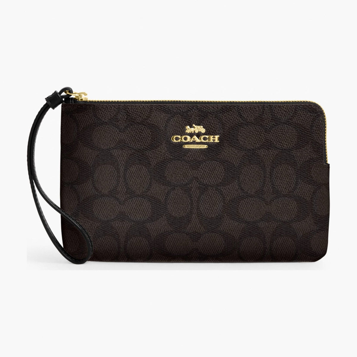 Coach Large Corner Zip Wristlet In Signature Canvas - Gold/Walnut/Black