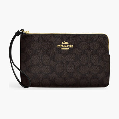 Coach Large Corner Zip Wristlet In Signature Canvas - Gold/Walnut/Black