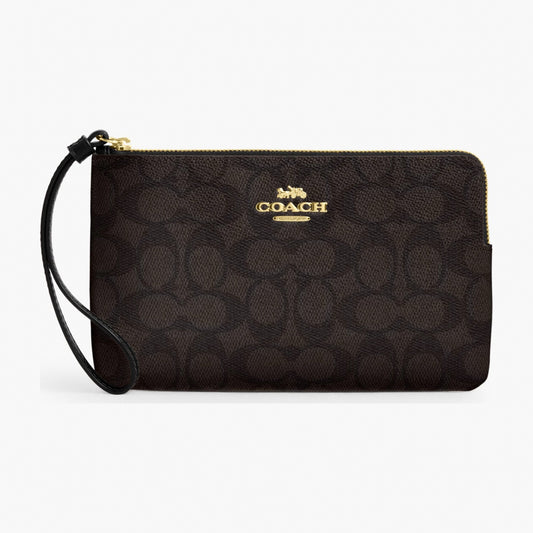 Coach Large Corner Zip Wristlet In Signature Canvas - Gold/Walnut/Black