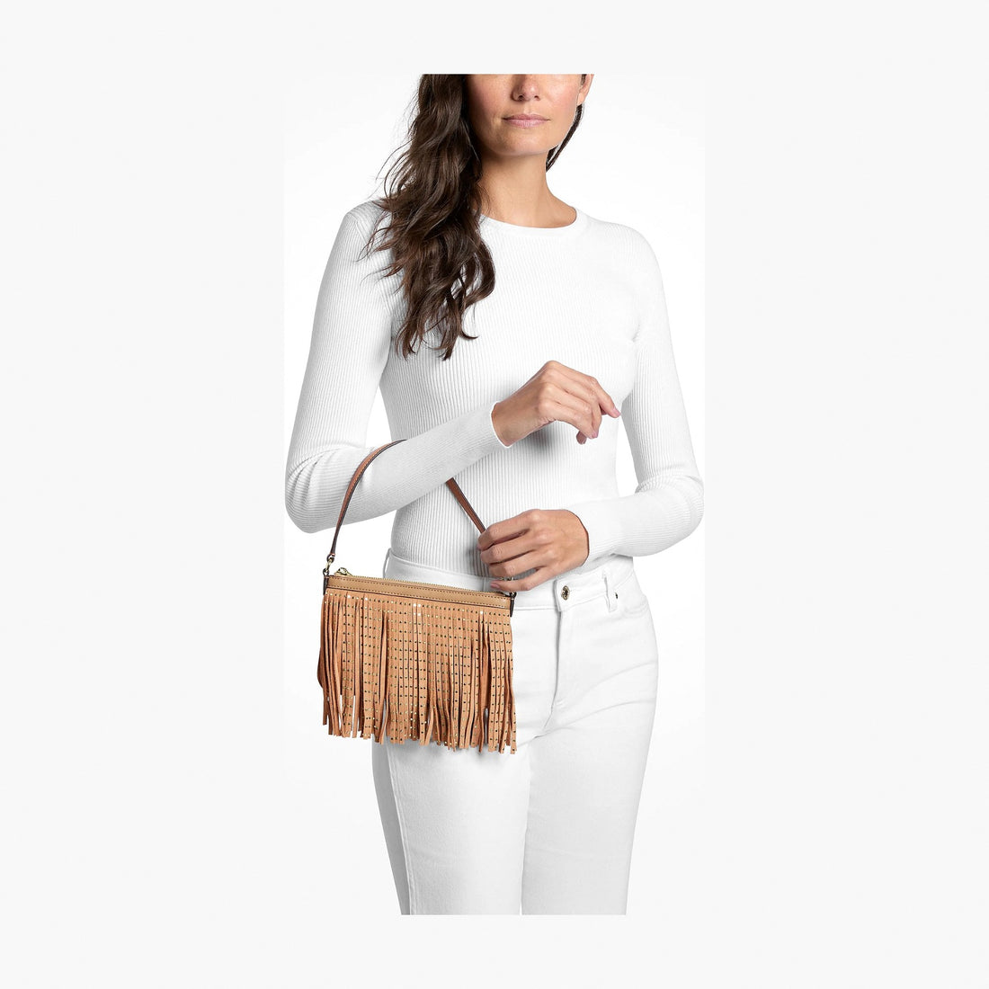 Michael Kors Studded Fringed Microsuede Wristlet - CAMEL